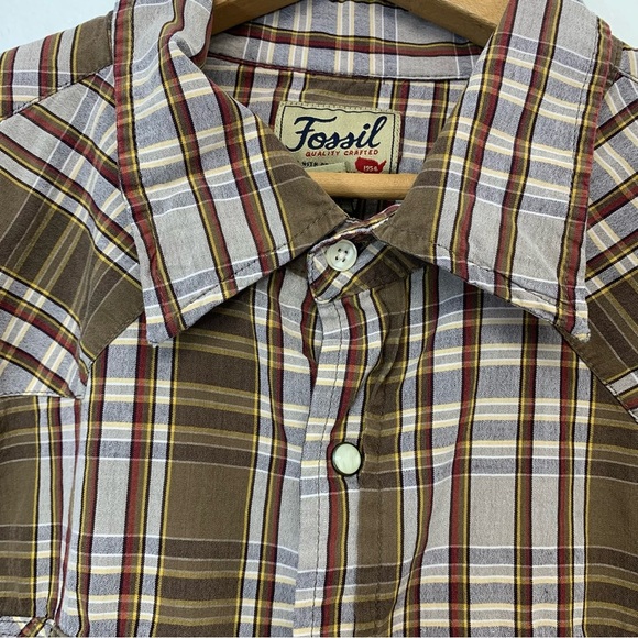 Fossil Pearl Snap Brown Plaid  Shirt Men Large 100% Cotton Long Sleeve  Western - Picture 3 of 9
